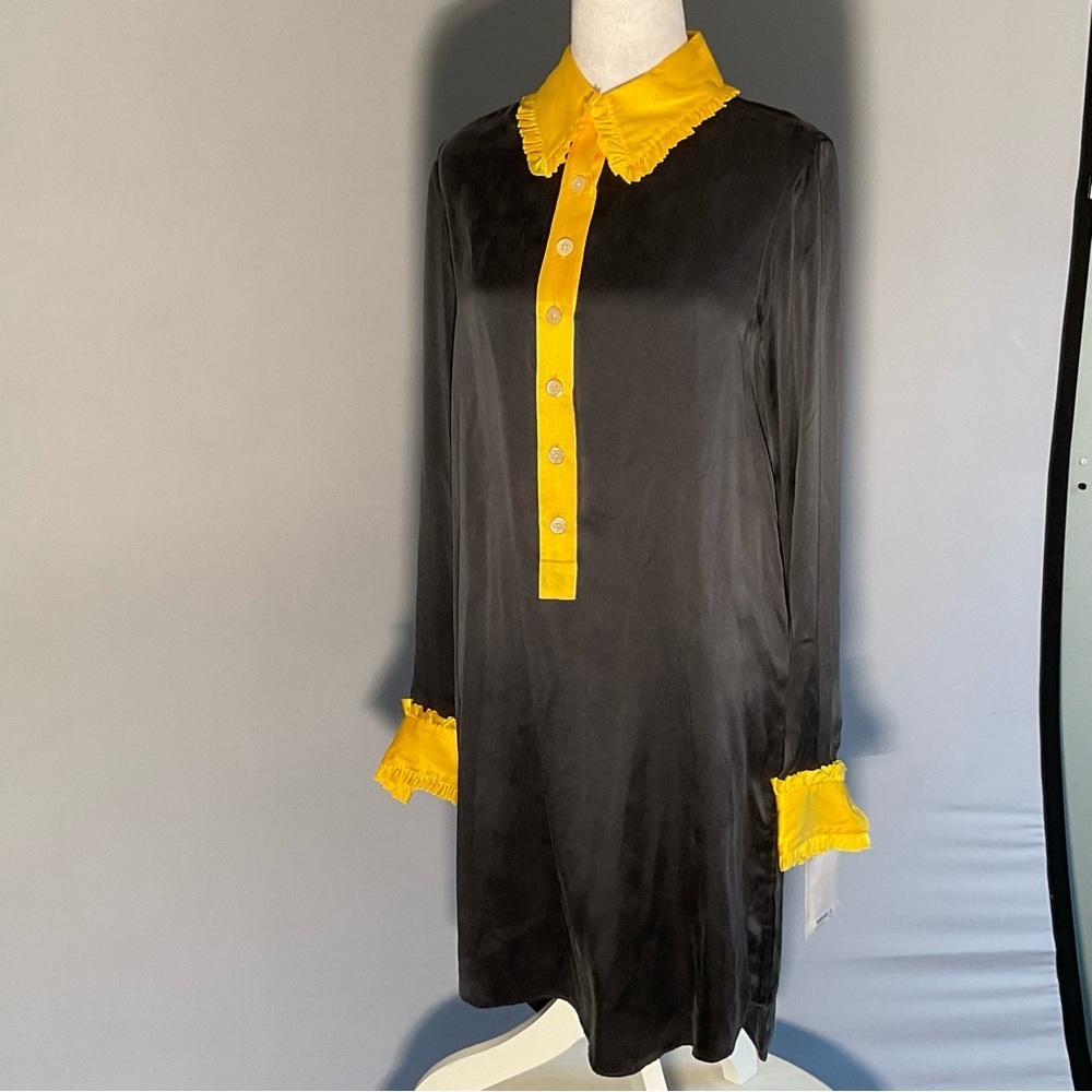 NWT Bill Blass 100% Silk Navy Shift Dress w/ Yellow Ruffle Collar – Size S - Picture 9 of 16
